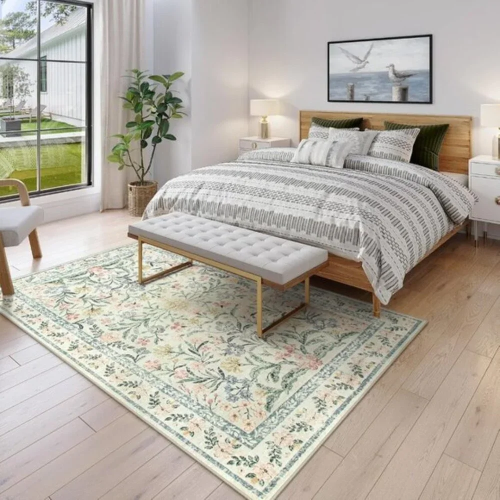 New 5x7 Beige Multi Boho Rug, Washable Non-Slip Vintage Floral Carpet for Home